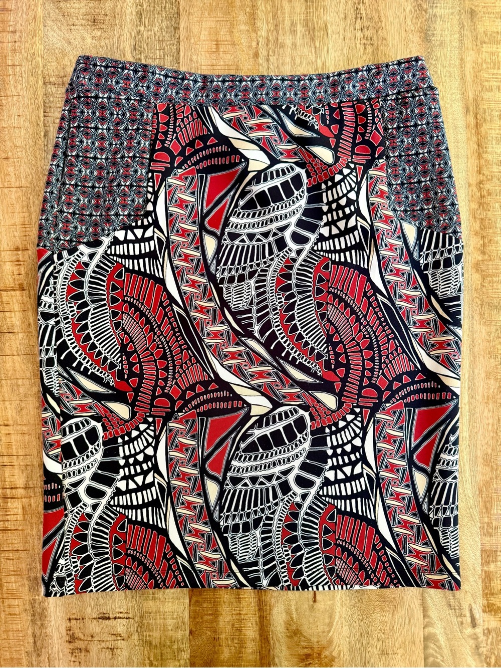Cato Pull on Pencil Skirt Size M Red Black White Geometric Stretch Career Casual